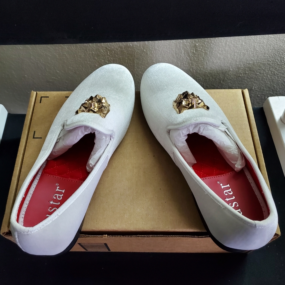 JUSTAR Mens White Velvet Loafers Slip on Size 8 - Picture 9 of 11